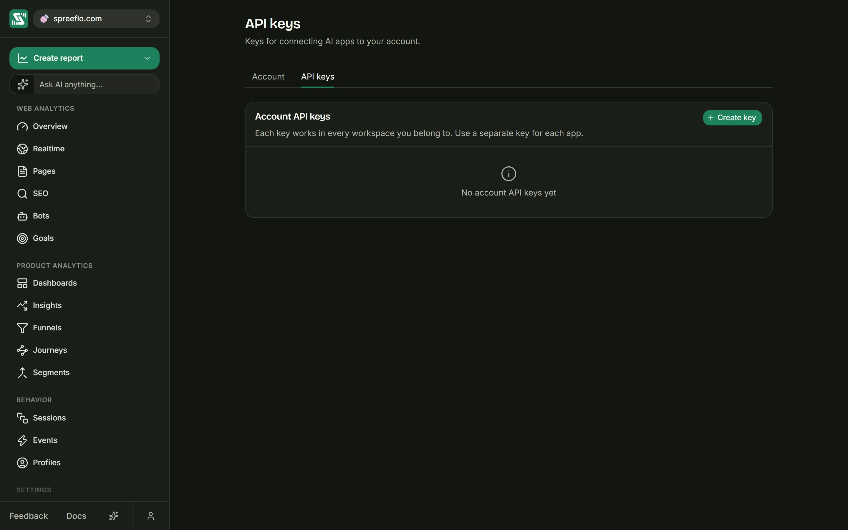 The Account page's API keys tab, listing account API keys with their values masked
