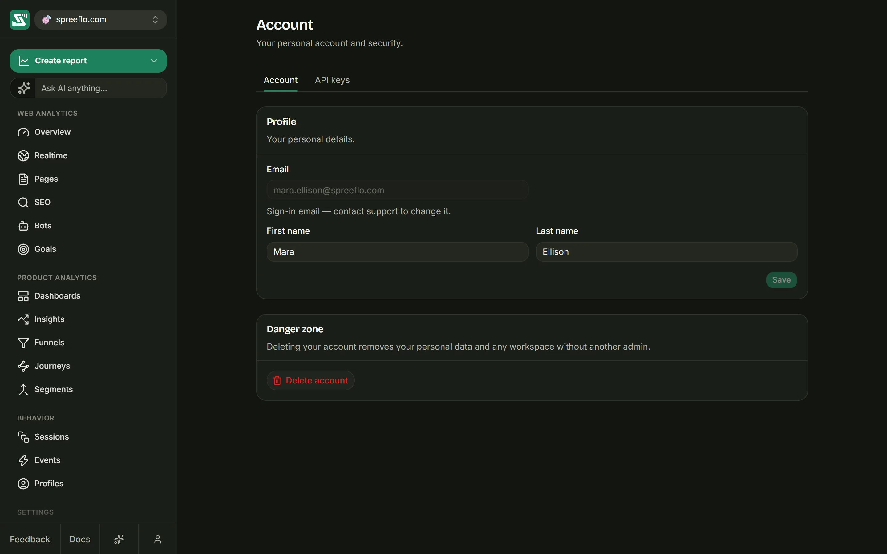 The Account page on its Account tab, with the Profile section showing the email, first name and last name fields