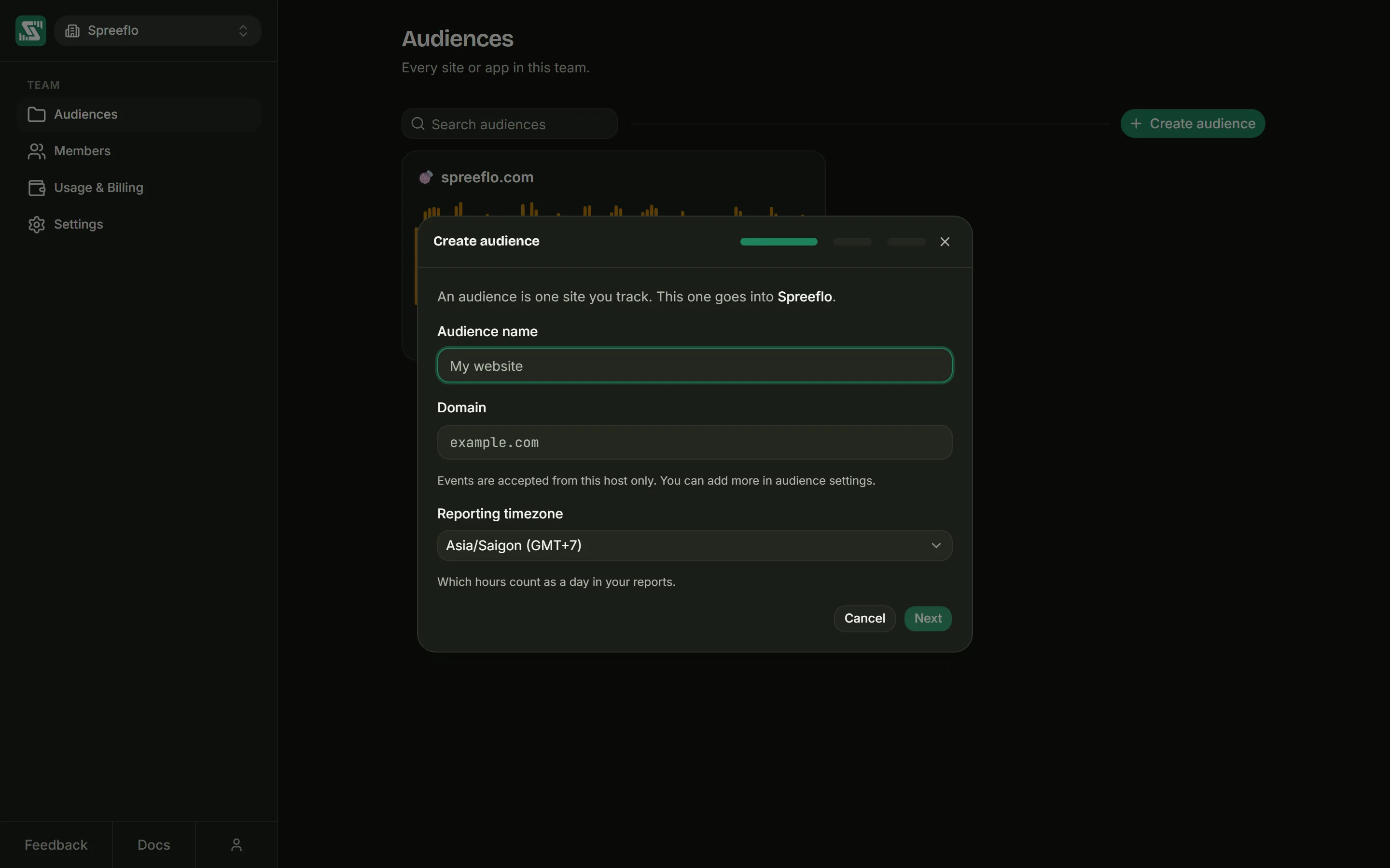 The Create audience step, asking for the audience name, its domain and a reporting timezone