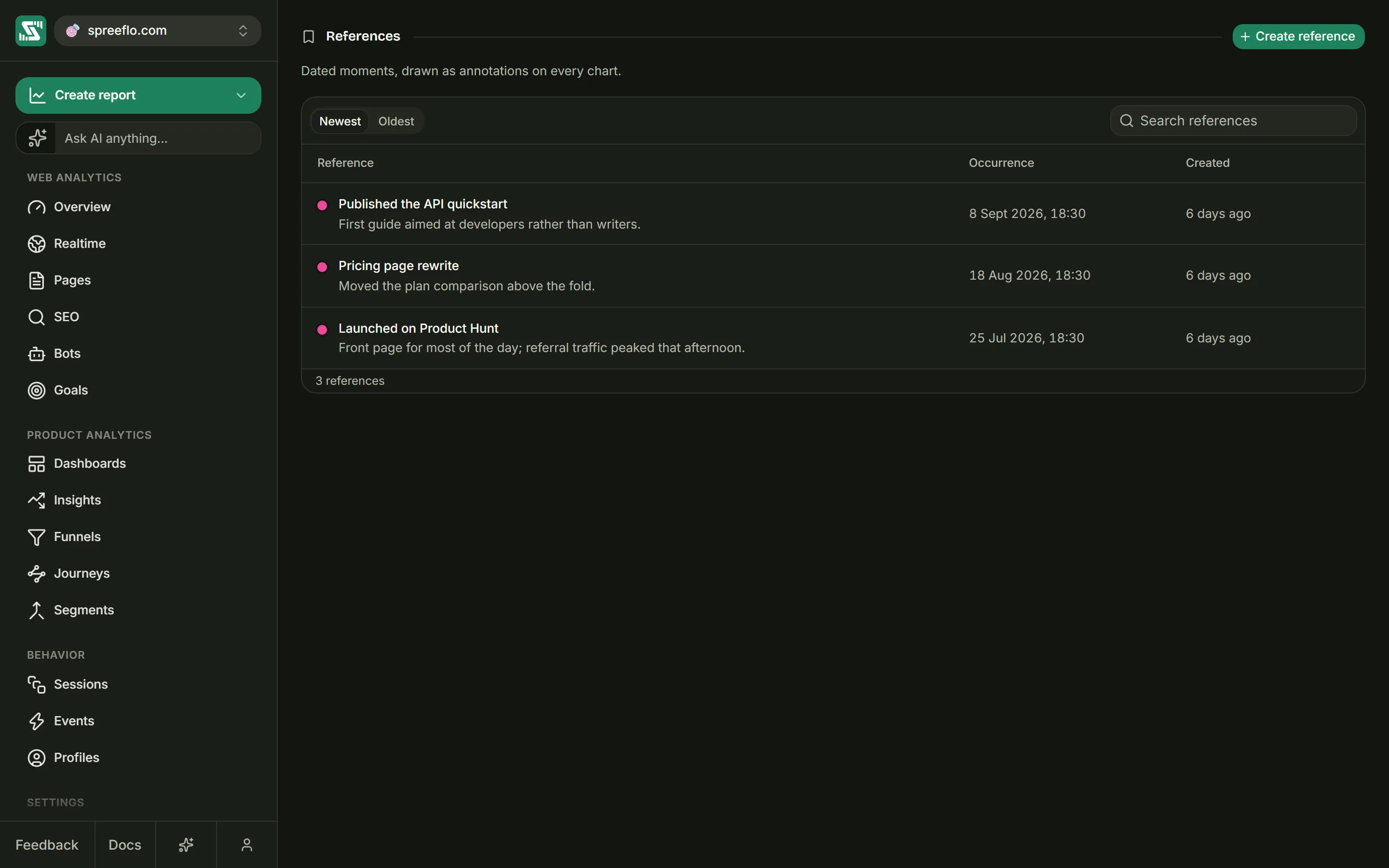 The References page, listing a few references with their colour, title, description, date and creation time