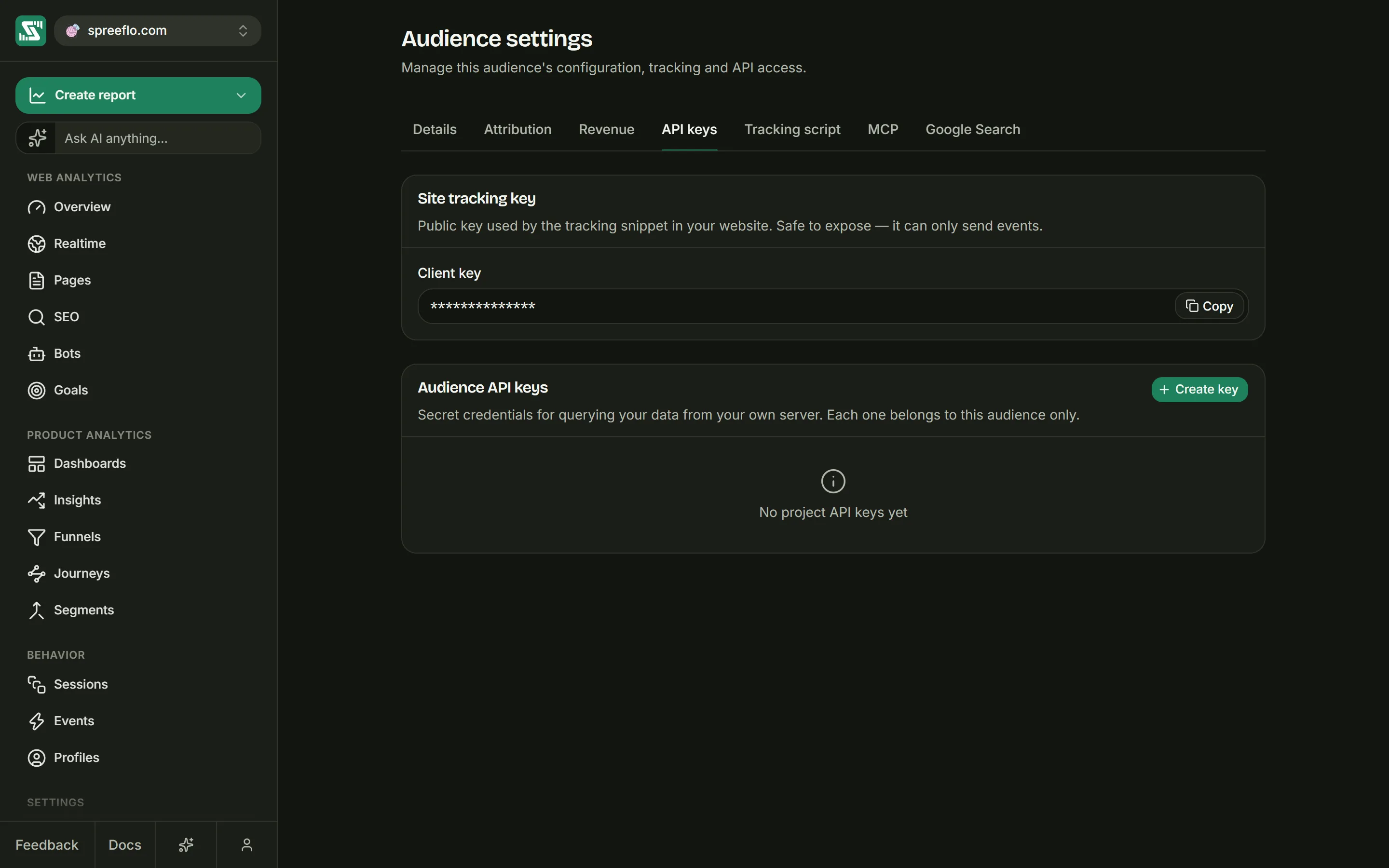Audience settings, API keys tab, with the Site tracking key section above the Audience API keys list