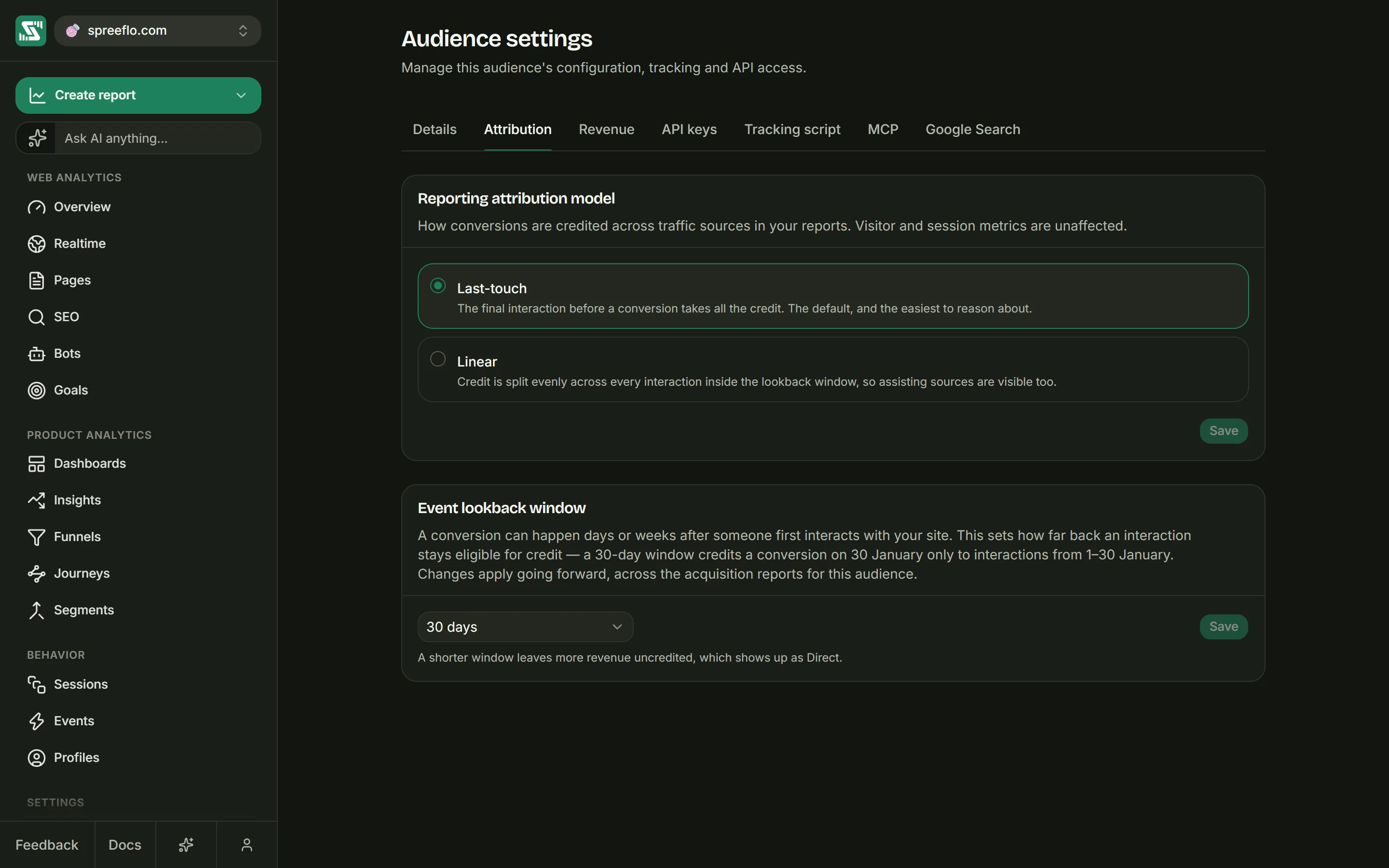 Audience settings, the attribution part of the Revenue tab, with the Last-touch and Linear models and the Event lookback window