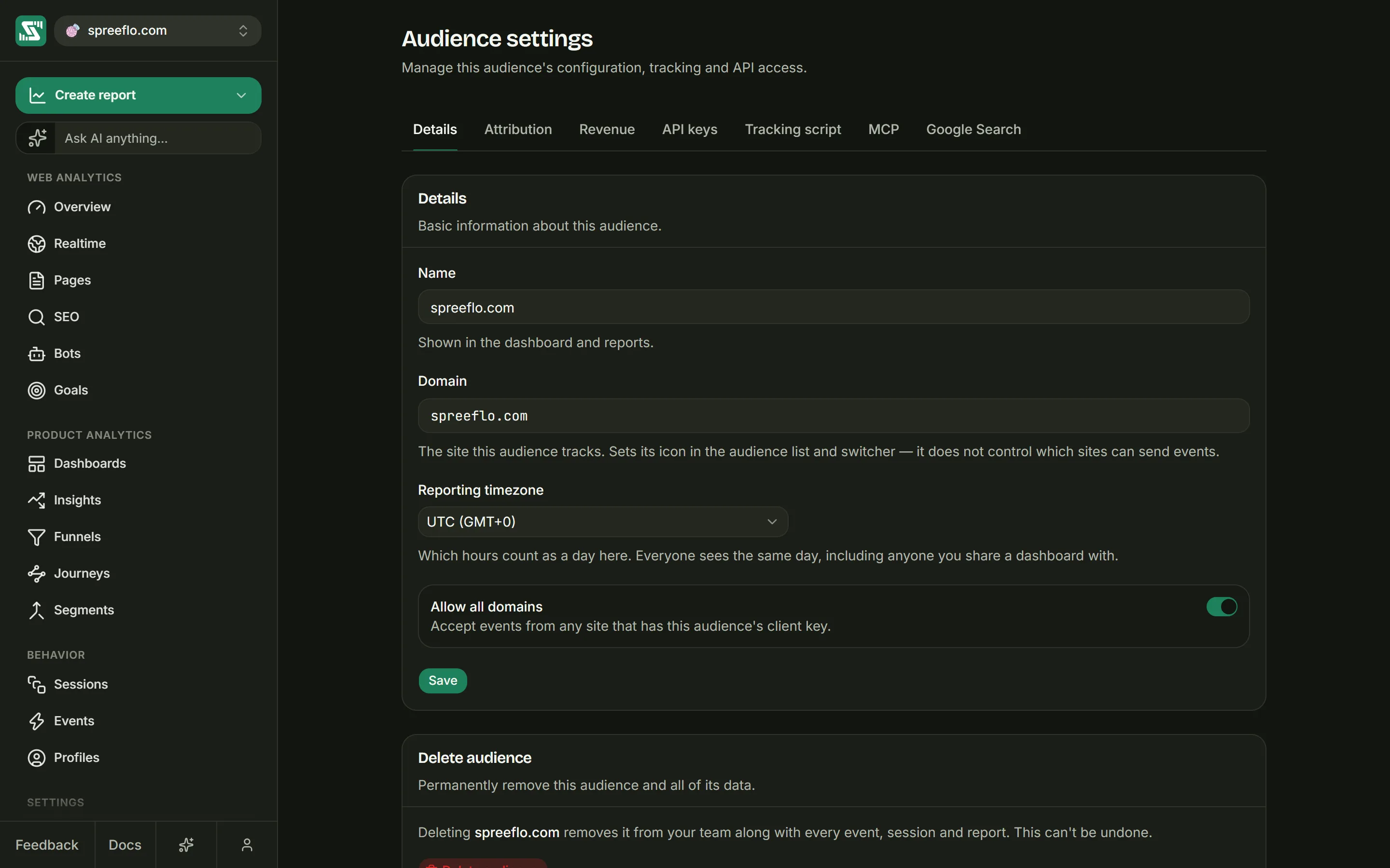 Audience settings on the Details tab, with the audience's name, domain and reporting timezone above its domain settings
