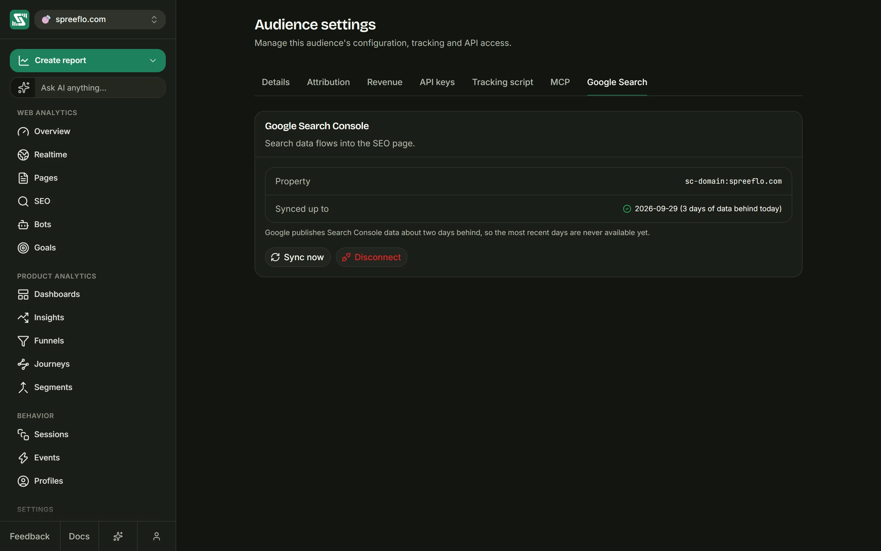 The Google Search tab with Search Console connected, showing the property and the date it is synced up to