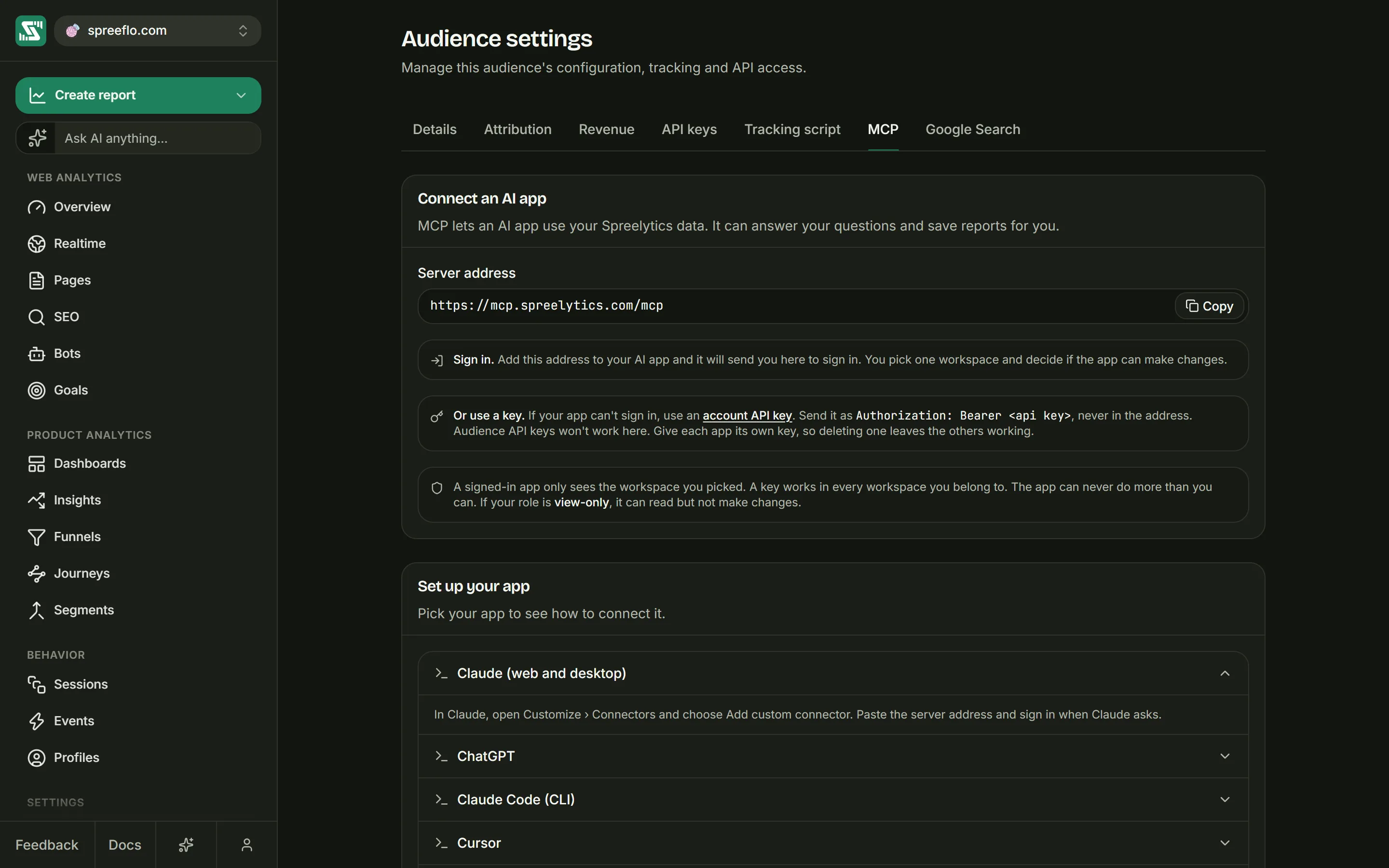 Audience settings on the MCP tab, with the server address, the notes on keys and the list of apps to set up