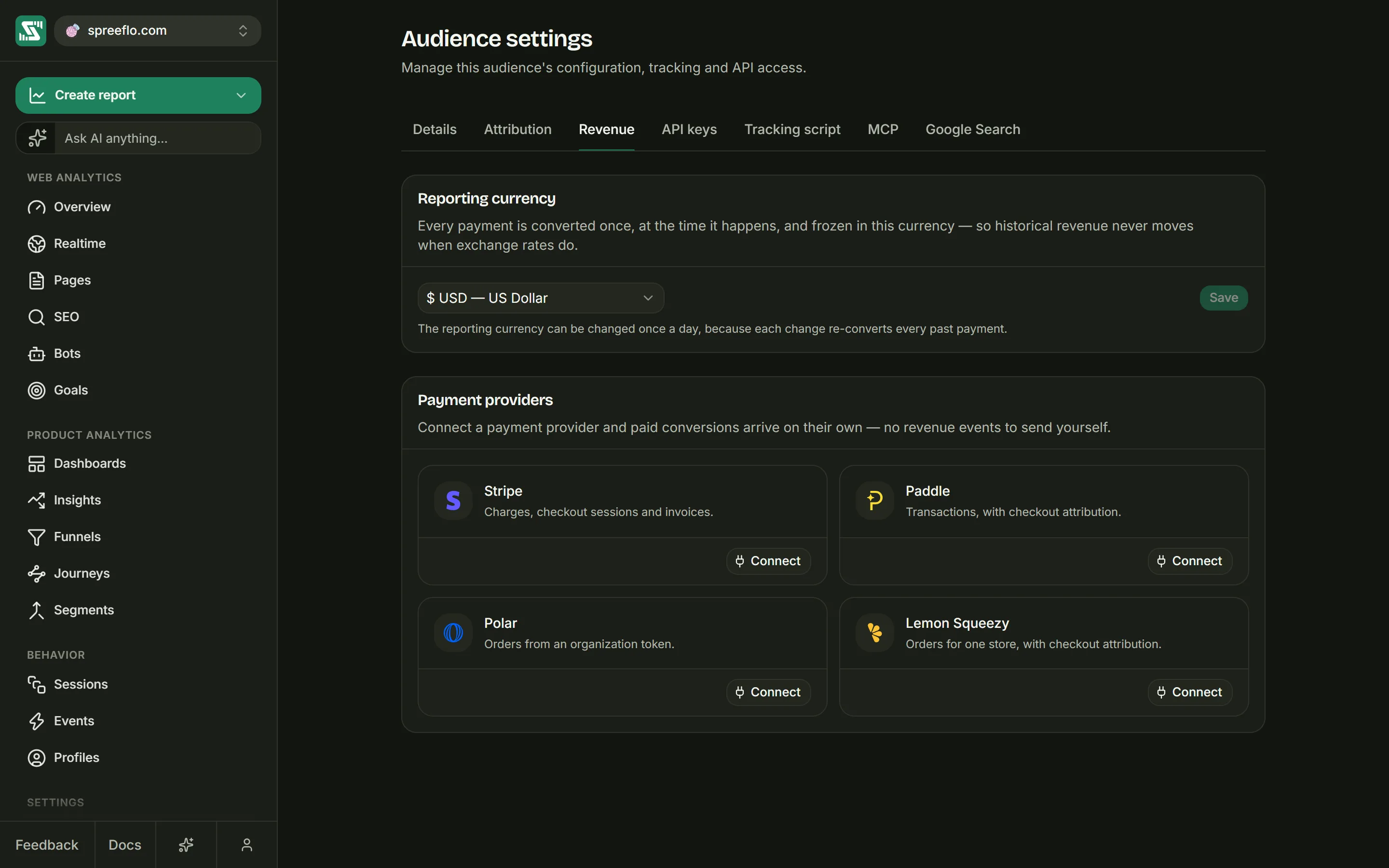 Audience settings, Revenue tab, with the reporting currency and the four payment provider cards