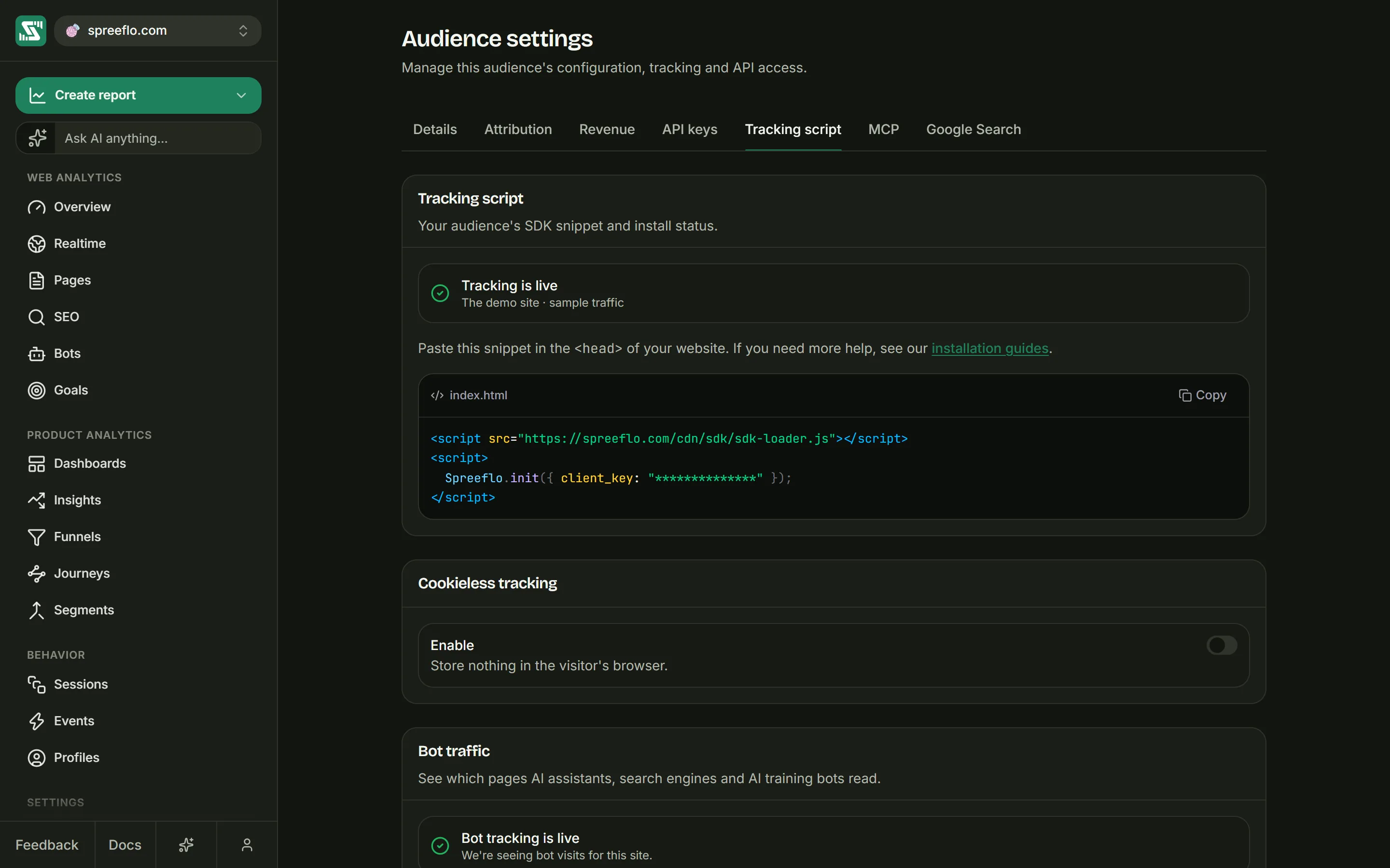 Audience settings on the Tracking script tab: the install status, the snippet with a Copy button, the cookieless switch and the bot traffic section