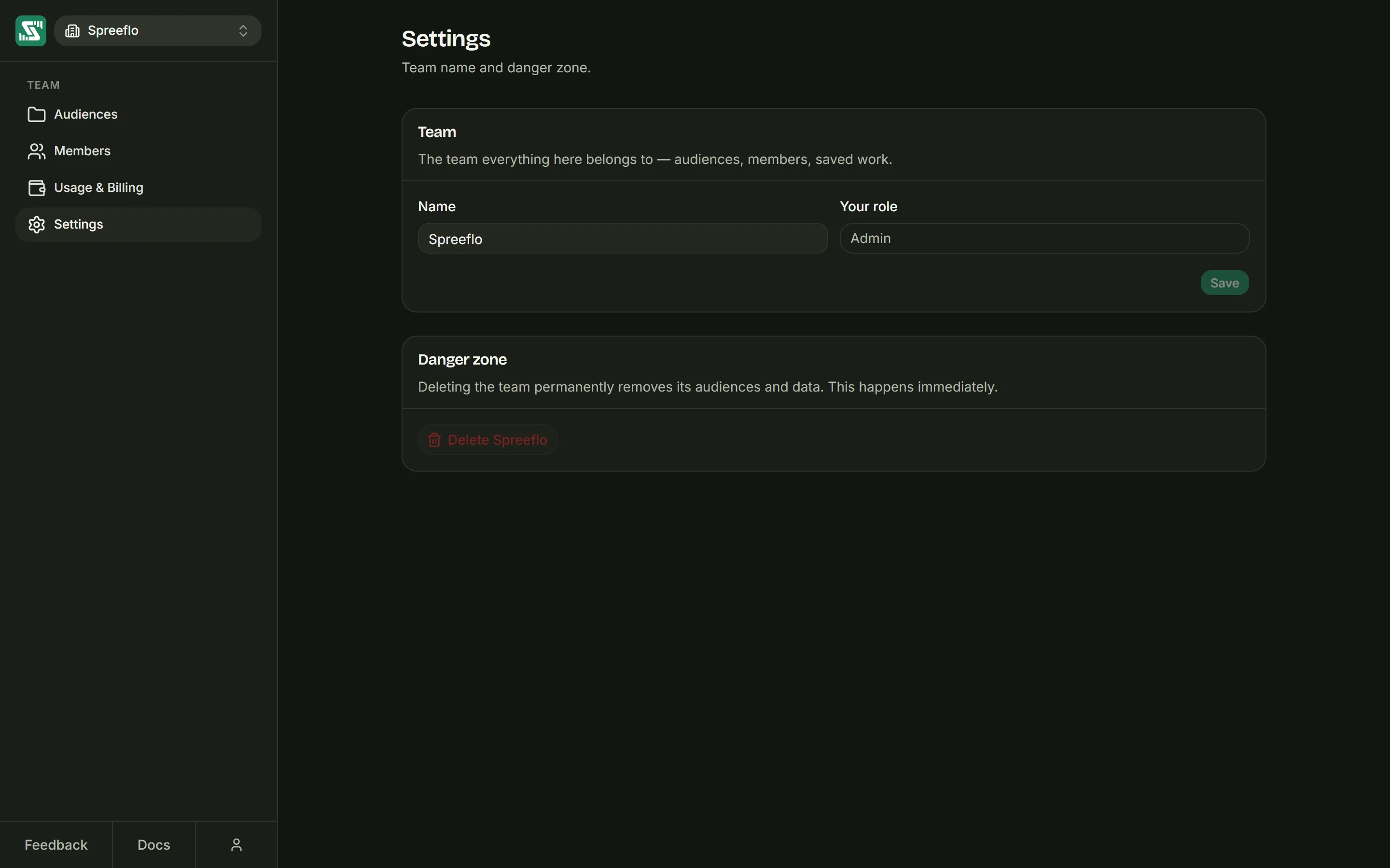 The workspace Settings tab, with the Team section for the name and your role, and the Danger zone